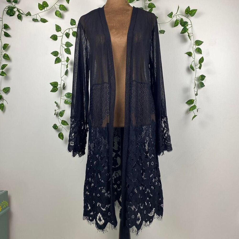Black lace whimsigoth cardigan sheer open front mesh witchy floral vamp romantic